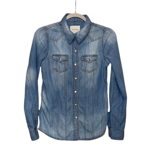 Life in Progress Blue Wash Denim Cotton Blend Pearl Snap Shirt - Picture 1 of 4